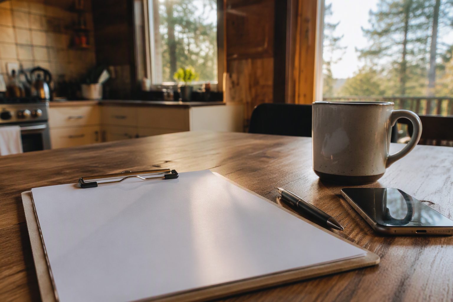 A clipboard of paperwork, pen, phone, and coffee mug on a kitchen table in morning light