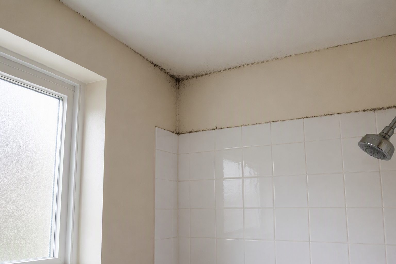 The corner of a clean bathroom with faint spotting along the upper grout line