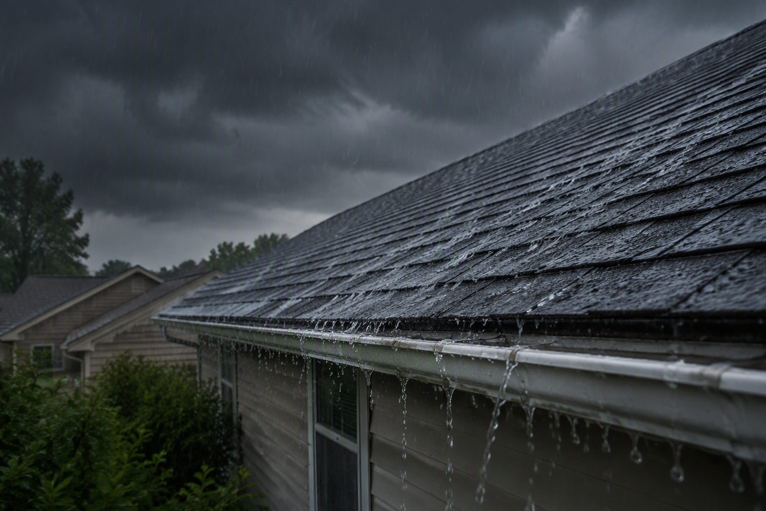 The wet roofline and gutters of a house during heavy rain under storm clouds